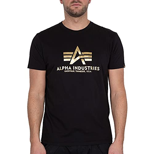 Alpha Industries Herren Basic Foil Print T-Shirt, Black/Yellow Gold, XXL von ALPHA INDUSTRIES