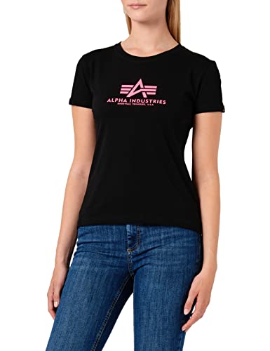 Alpha Industries Damen New Basic T Wmn Print Herren T-Shirt, Black/Neon Pink, XS von ALPHA INDUSTRIES