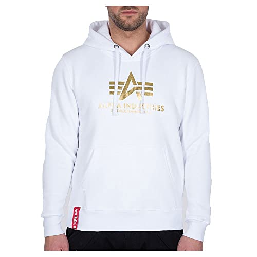 ALPHA INDUSTRIES Herren Basic Hoody Foil Print Kapuzensweat Kapuzenpullover, White/Yellow Gold, L von ALPHA INDUSTRIES