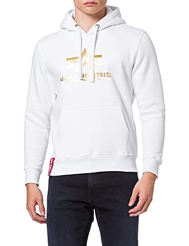 ALPHA INDUSTRIES Herren Basic Hoody Foil Print Kapuzensweat Kapuzenpullover, White/Yellow Gold, S von ALPHA INDUSTRIES