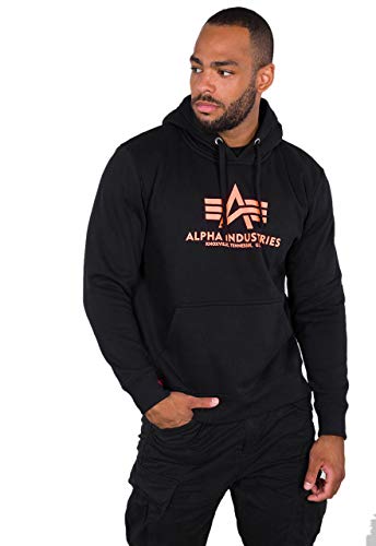 ALPHA INDUSTRIES Herren Basic Hoody Kapuzenpullover, Black/neon orange, L von ALPHA INDUSTRIES