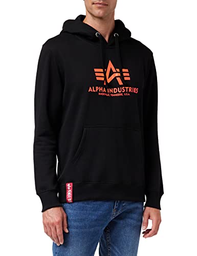 ALPHA INDUSTRIES Herren Basic Hoody Print Kapuzensweat Kapuzenpullover, Black/Neon Orange, L von ALPHA INDUSTRIES