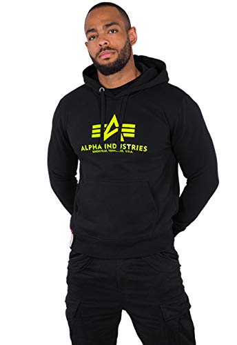 ALPHA INDUSTRIES Herren Basic Hoody Print Kapuzensweat Kapuzenpullover, Black/Neon Yellow, 43.73 von ALPHA INDUSTRIES