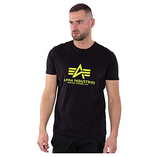 Alpha Industries Herren Basic Print T-Shirt, Black/Neon Yellow, L von ALPHA INDUSTRIES