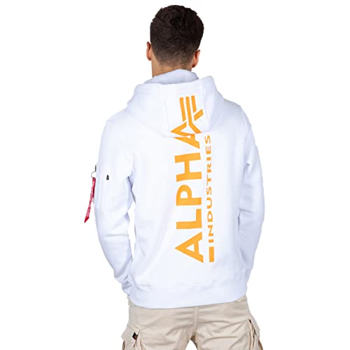 ALPHA INDUSTRIES Herren Back Hoody Print Kapuzensweat Kapuzenpullover, White/Neon Orange, S von ALPHA INDUSTRIES