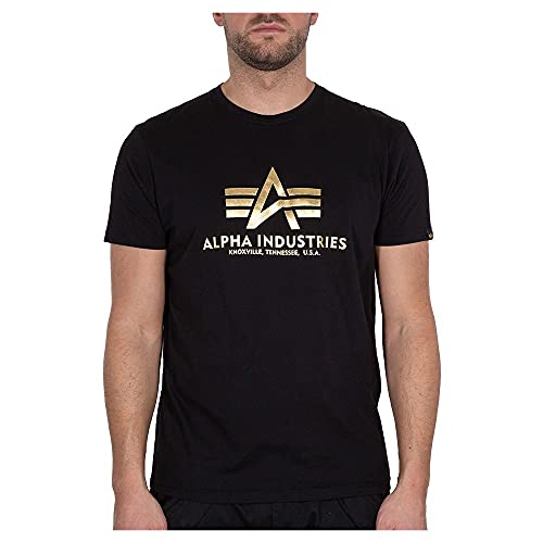 Alpha Industries Herren Basic Foil Print T-Shirt, Black/Yeelow Gold, M von ALPHA INDUSTRIES