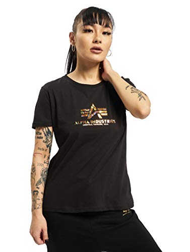 Alpha Industries Damen New Basic T HOL. Print Wmn T-Shirt, Black/Gold Crystal, XS von ALPHA INDUSTRIES