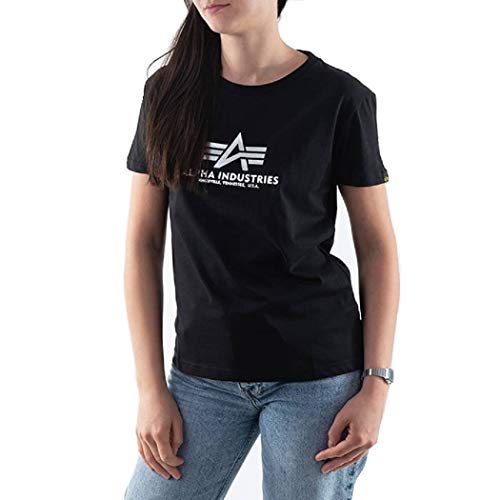 Alpha Industries Damen New Basic T Wmn Foil Print T-Shirt, Black/Metalsilver, L von ALPHA INDUSTRIES