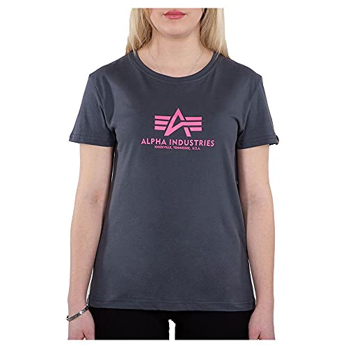 Alpha Industries Damen New Basic T Wmn Print Herren T-Shirt, Grey Black/Neon Pink, S von ALPHA INDUSTRIES