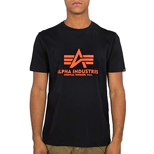 Alpha Industries Herren Basic Print T-Shirt, Black/Neon Orange, XS von ALPHA INDUSTRIES