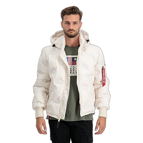 Alpha Industries Herren Hooded Logo Puffer Winterjacke, Jet Stream White, XL von ALPHA INDUSTRIES