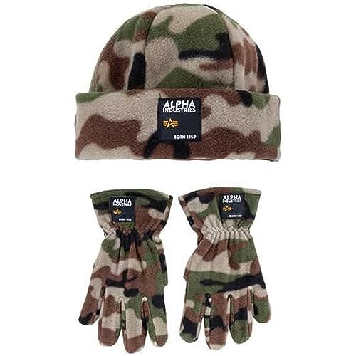 Alpha Industries Herren Label Fleece Handschuhe und Mütze Set, Wdl Camo 65, L/XL von ALPHA INDUSTRIES