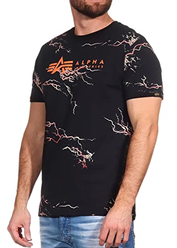 Alpha Industries Herren Lightning AOP T-Shirt, Black/Orange, 56 von ALPHA INDUSTRIES