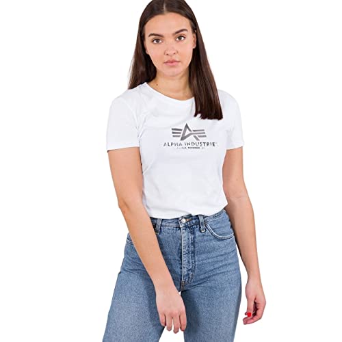 Alpha Industries New Basic T Wmn Foil Print T-Shirt für Damen, White/Metalsilver, S von ALPHA INDUSTRIES