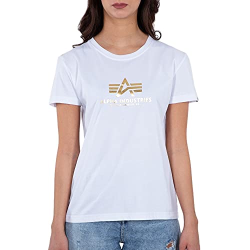 Alpha Industries New Basic T Wmn Foil Print T-Shirt für Damen, White/Yellow Gold, X-Small von ALPHA INDUSTRIES