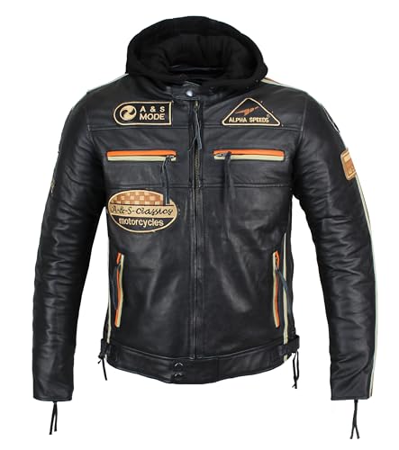 Herren Motorradjacke Lederjacke Biker Jacke mit Protektoren Leder Jacke mit Kapuze Leather Jacket Fashion Jacket Custom (DE/NL/SE/PL, Alphanumerisch, L, Regular, Regular, Orange/Beige Streifen) von ALPHA SPEEDS