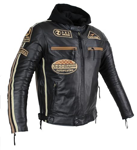 Herren Motorradjacke Lederjacke Biker Jacke mit Protektoren Leder Jacke mit Kapuze Leather Jacket Fashion Jacket Custom (DE/NL/SE/PL, Alphanumerisch, XXL, Regular, Regular, Braun/Besch Streifen) von ALPHA SPEEDS