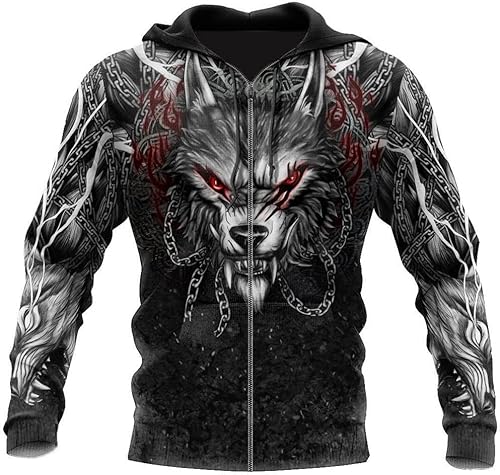 Herren Viking Wolf Head Zip Hoodie kapuzenpullover herren Norse Myth Fenrir Wolf Hoodies Pullover 3D-Druck Casual Athletic Pullover Sweatshirt hoody herren mit kapuze ( Color : Zipper Hoodie , Size : von ALPTEC