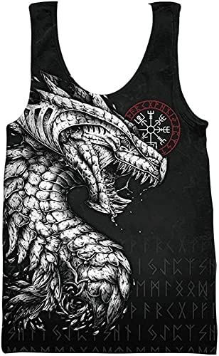 Lässige Wikinger-Übungs-Tanktops, nordisches Odin, Raben- und Drachenmuster, Unterhemd, Tanktop, Unisex, 3D-gedruckte Strandweste (Color : E, Size : M) von ALPTEC