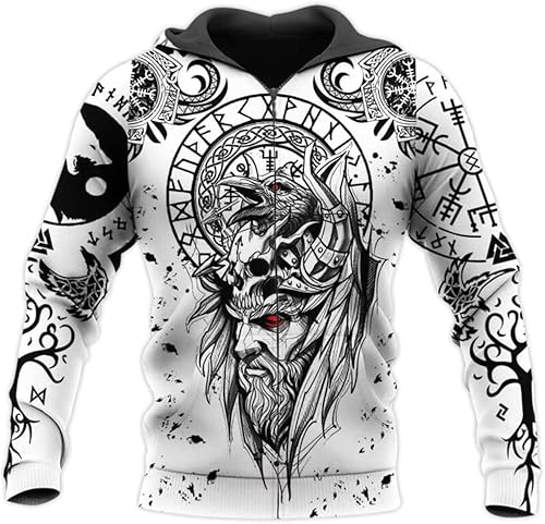 Mens Viking Kapuzenpullover Herren Odins Raven Graphic Zipper Hoodies T-Shirt Top Norse Compass Rune Lässige Sweatshirts Pullover Jacket Hoody Herren Mit Kapuze (Color : Zipper Hoodie, Size : L) von ALPTEC