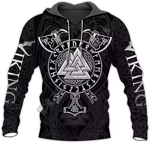 Wikinger schwarzer hoodie kapuzenpullover herren Norse Odins Runen Axtmuster hoody herren mit kapuze Zip Hoodies für Männer Casual 3D Printed Hoodies Sweatshirts Pullover ( Color : Hoodies , Size : XL von ALPTEC