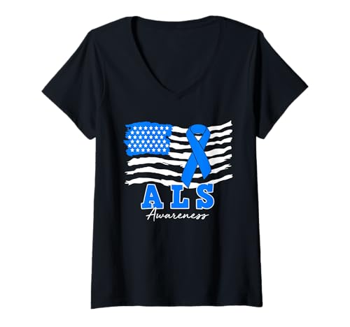 Damen ALS Awareness Blue Ribbon Amerikanische Flagge ALS Warrior Fighter T-Shirt mit V-Ausschnitt Damen ALS Awareness Blue Ribbon Amerikanische Flagge ALS Warrior Fighter T-Shirt mit V-Ausschnitt von ALS Awareness Month Blue Ribbon Support Apparel