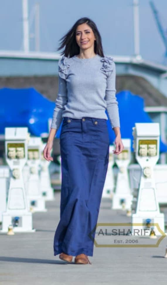 40 "Langer Baumwoll-Twill-Rock - Bescheidene Damenröcke Navy-Farbe Fabric Style S103/Ba036 von ALSHARIFA