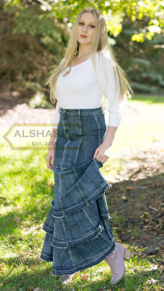 42" Extra Langer Denim Belle Rock - Modest Jeans | Blaue Große Röcke Ausgestelltes Gestuft Style Ba006 von ALSHARIFA