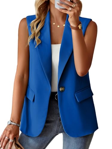 ALSOGO Blazer Damen Ärmellos Weste Sportlich Elegant Einfarbig Blazer Jacke Mantel Geschäft Büro Anzugjacke Revers Offene Vorderseite Freizeit Business Jacke mit Tasche Blau L von ALSOGO
