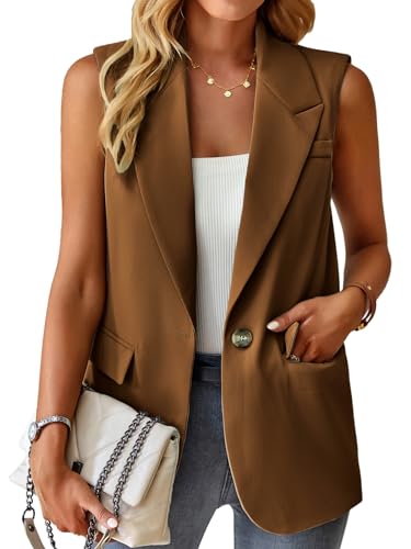 ALSOGO Blazer Damen Ärmellos Weste Sportlich Elegant Einfarbig Blazer Jacke Mantel Geschäft Büro Anzugjacke Revers Offene Vorderseite Freizeit Business Jacke mit Tasche Braun L von ALSOGO
