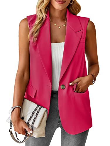 ALSOGO Blazer Damen Ärmellos Weste Sportlich Elegant Einfarbig Blazer Jacke Mantel Geschäft Büro Anzugjacke Revers Offene Vorderseite Freizeit Business Jacke mit Tasche Cerise L von ALSOGO