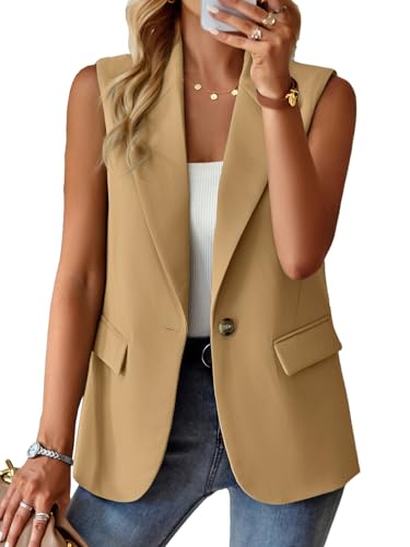 ALSOGO Blazer Damen Ärmellos Weste Sportlich Elegant Einfarbig Blazer Jacke Mantel Geschäft Büro Anzugjacke Revers Offene Vorderseite Freizeit Business Jacke mit Tasche Khaki S von ALSOGO