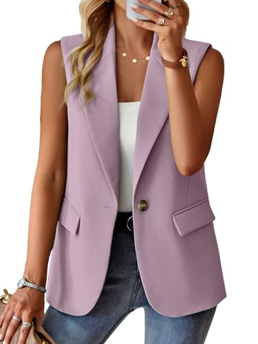 ALSOGO Blazer Damen Ärmellos Weste Sportlich Elegant Einfarbig Blazer Jacke Mantel Geschäft Büro Anzugjacke Revers Offene Vorderseite Freizeit Business Jacke mit Tasche Lila XL von ALSOGO
