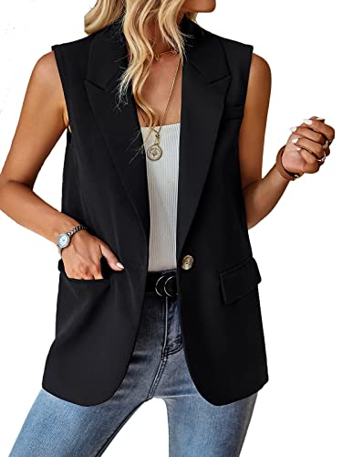 ALSOGO Blazer Damen Ärmellos Weste Sportlich Elegant Einfarbig Blazer Jacke Mantel Geschäft Büro Anzugjacke Revers Offene Vorderseite Freizeit Business Jacke mit Tasche Schwarz L von ALSOGO