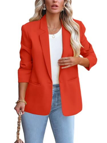 ALSOGO Blazer Damen Anzug Jacke Revers Langarm Casual Sportlich Longblazer Arbeit Büro Knopf Open Front Jacket Orange Rot L von ALSOGO