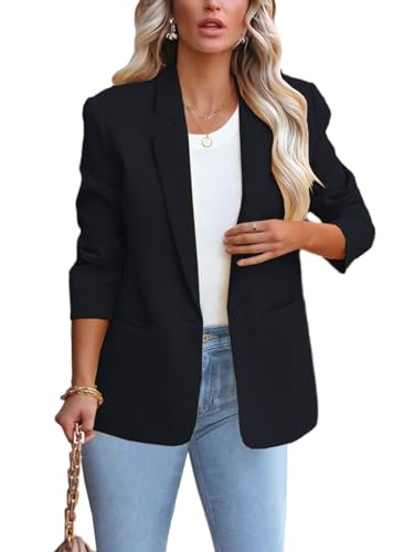 ALSOGO Blazer Damen Anzug Jacke Revers Langarm Casual Sportlich Longblazer Arbeit Büro Knopf Open Front Jacket Schwarz M von ALSOGO