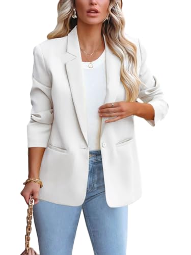 ALSOGO Blazer Damen Anzug Jacke Revers Langarm Casual Sportlich Longblazer Arbeit Büro Knopf Open Front Jacket Weiß L von ALSOGO