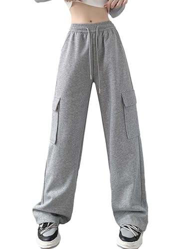 ALSOGO Cargohose Damen Jogginghose Wanderhose Sport Freizeithose High Waist Y2k Teenager Elastische Bund Cargo Hosen Multi Taschen Grau XL von ALSOGO