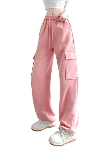 ALSOGO Cargohose Damen Jogginghose Wanderhose Sport Freizeithose High Waist Y2k Teenager Elastische Bund Cargo Hosen Multi Taschen Rosa L von ALSOGO