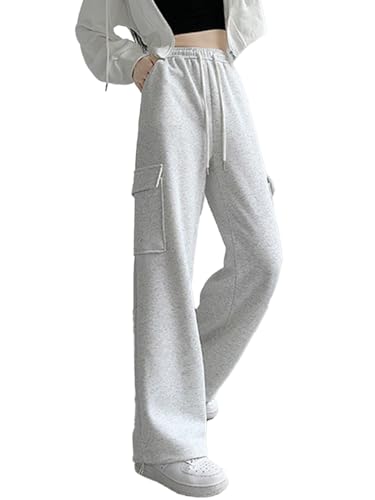 ALSOGO Cargohose Damen Jogginghose Wanderhose Sport Freizeithose High Waist Y2k Teenager Elastische Bund Cargo Hosen Multi Taschen Weiß XL von ALSOGO