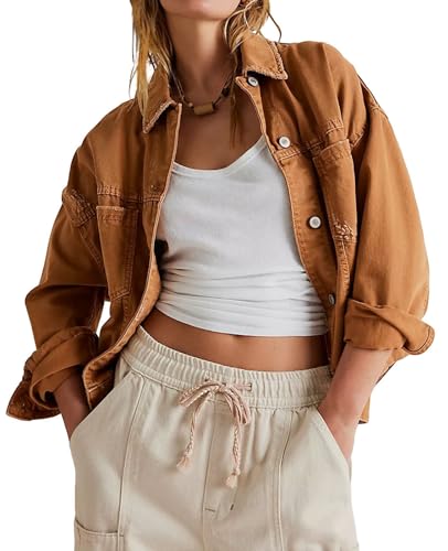 ALSOGO Damen Jeansjacke Übergangsjacke Langarm Trucker Jacke Kurz Jeansjacke Braun M von ALSOGO