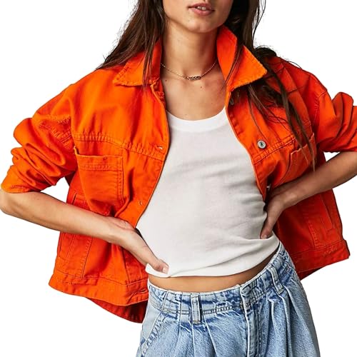 ALSOGO Damen Jeansjacke Übergangsjacke Langarm Trucker Jacke Kurz Jeansjacke Orange M von ALSOGO