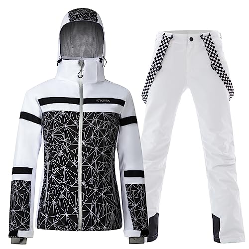 ALSOGO Damen Skianzug Schneeanzug Winddicht Wasserdicht Skifahren Snowboardjacke Trägerhose Set Zum Skifahren Snowboarden Klettern YSB02BK+White L von ALSOGO