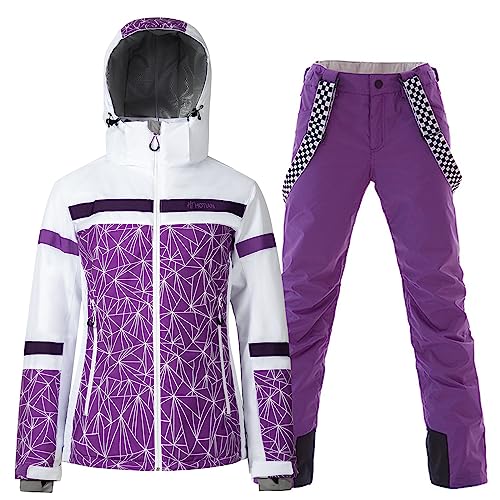 ALSOGO Damen Skianzug Schneeanzug Winddicht Wasserdicht Skifahren Snowboardjacke Trägerhose Set Zum Skifahren Snowboarden Klettern YSB02PU+Purple XL von ALSOGO