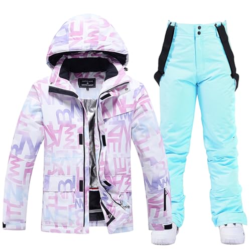 ALSOGO Damen Skijacke & Skihose Set Skianzug 2 teilig Schneeanzug Wasserdicht Schneejacke Winddichte Schneehose mit Abnehmbare Kapuzen Trägern zum Skifahren Snowboarden TY304 Blau L von ALSOGO