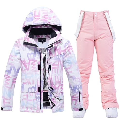 ALSOGO Damen Skijacke & Skihose Set Skianzug 2 teilig Schneeanzug Wasserdicht Schneejacke Winddichte Schneehose mit Abnehmbare Kapuzen Trägern zum Skifahren Snowboarden TY304 Pink S von ALSOGO