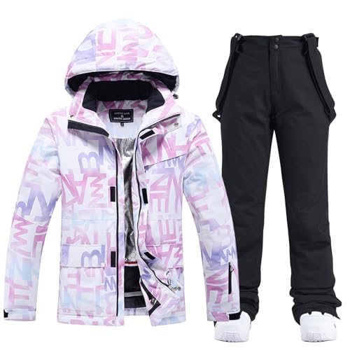 ALSOGO Damen Skijacke & Skihose Set Skianzug 2 teilig Schneeanzug Wasserdicht Schneejacke Winddichte Schneehose mit Abnehmbare Kapuzen Trägern zum Skifahren Snowboarden TY304 Schwarz XL von ALSOGO
