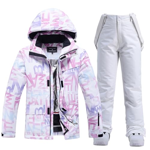 ALSOGO Damen Skijacke & Skihose Set Skianzug 2 teilig Schneeanzug Wasserdicht Schneejacke Winddichte Schneehose mit Abnehmbare Kapuzen Trägern zum Skifahren Snowboarden TY304 Weiß L von ALSOGO