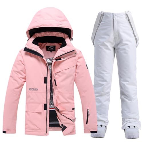 ALSOGO Damen Skijacke & Skihose Set Skianzug 2 teilig Schneeanzug 10.000mm Wasserdicht Warm Winterjacke mit Abnehmbare Kapuzen zum Skifahren Snowboarden Schneejacke Schneehose TY133PK Weiß 2XL von ALSOGO