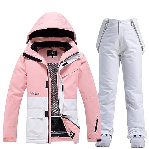 ALSOGO Damen Skijacke & Skihose Set Skianzug 2 teilig Schneeanzug 10.000mm Wasserdicht Warm Winterjacke mit Abnehmbare Kapuzen zum Skifahren Snowboarden Schneejacke Schneehose TY133PKW Weiß L von ALSOGO